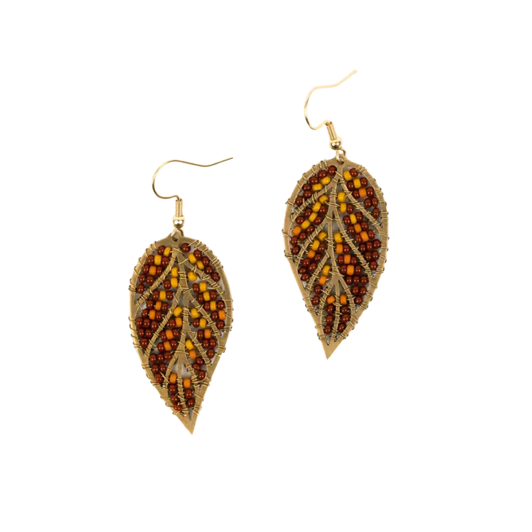 Beaded Leaves Earrings - Autumn
