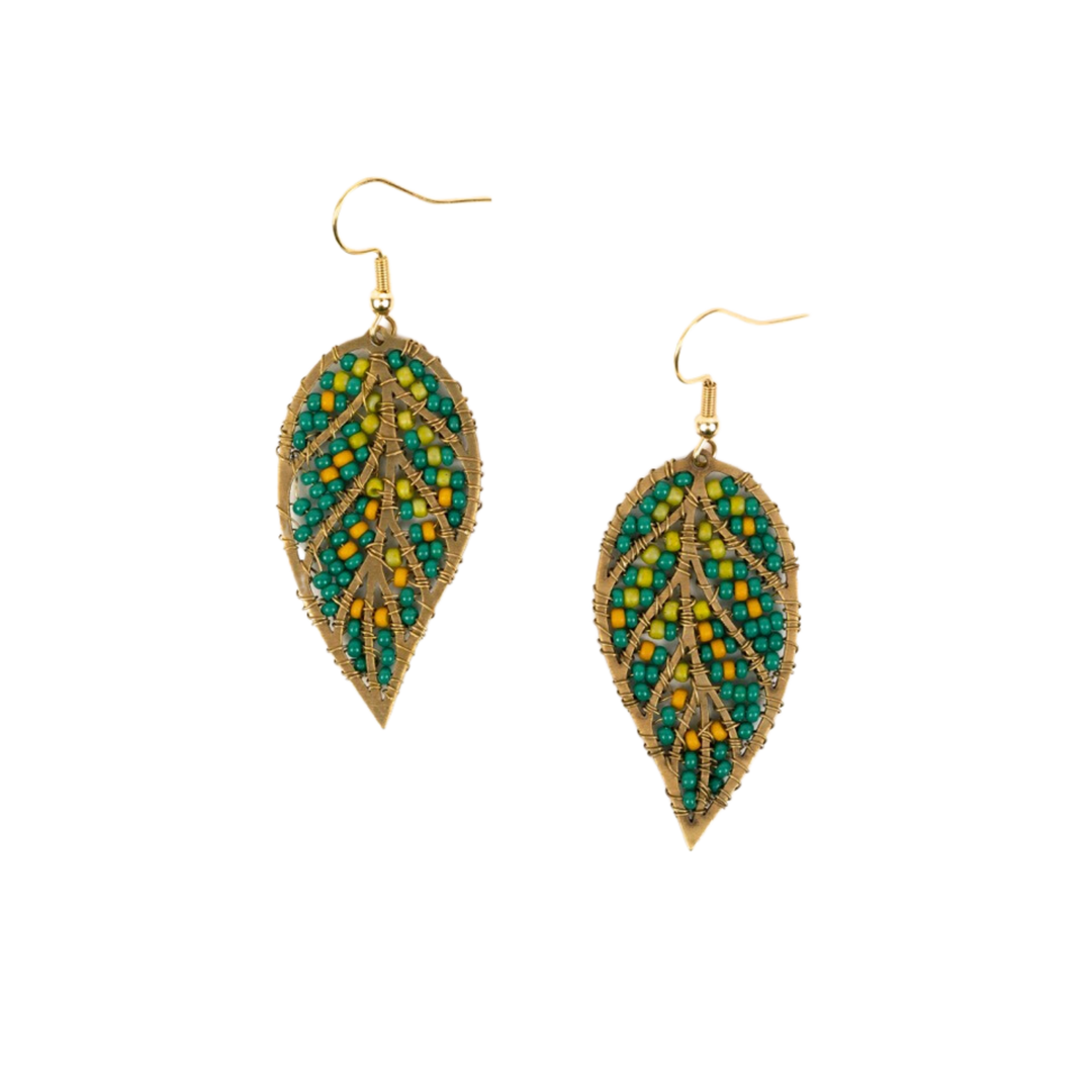 Beaded Leaves Earring - Emerald