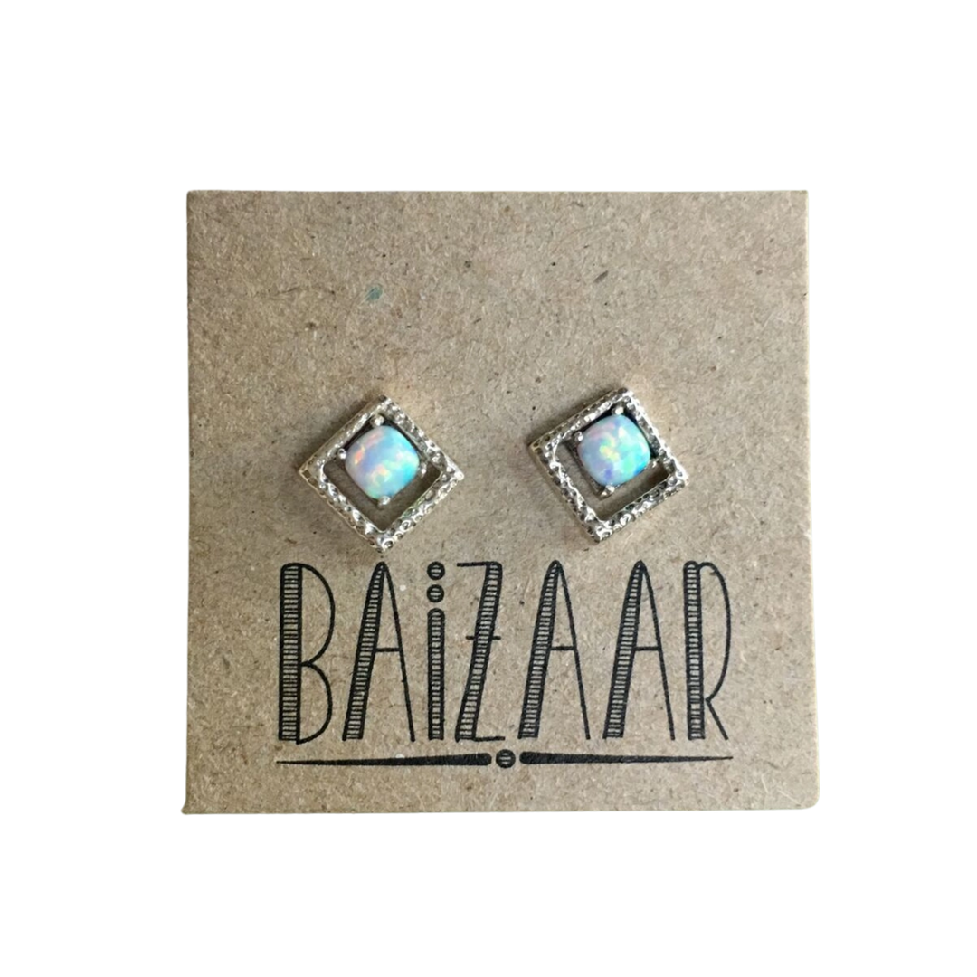 Sterling Silver Geometric and Opal Stud Earrings