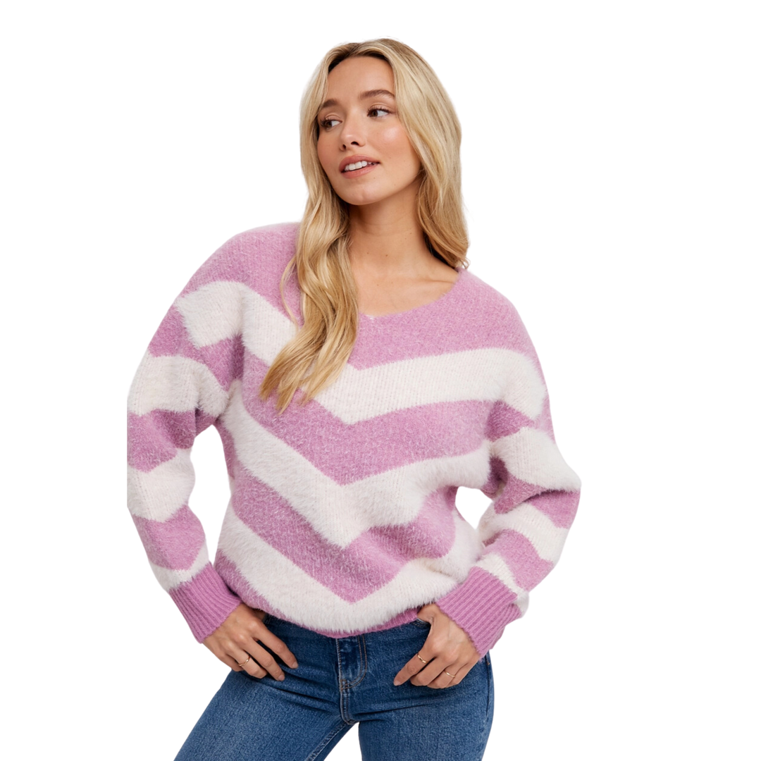Chevron Soft Fuzzy Pullover - Rose