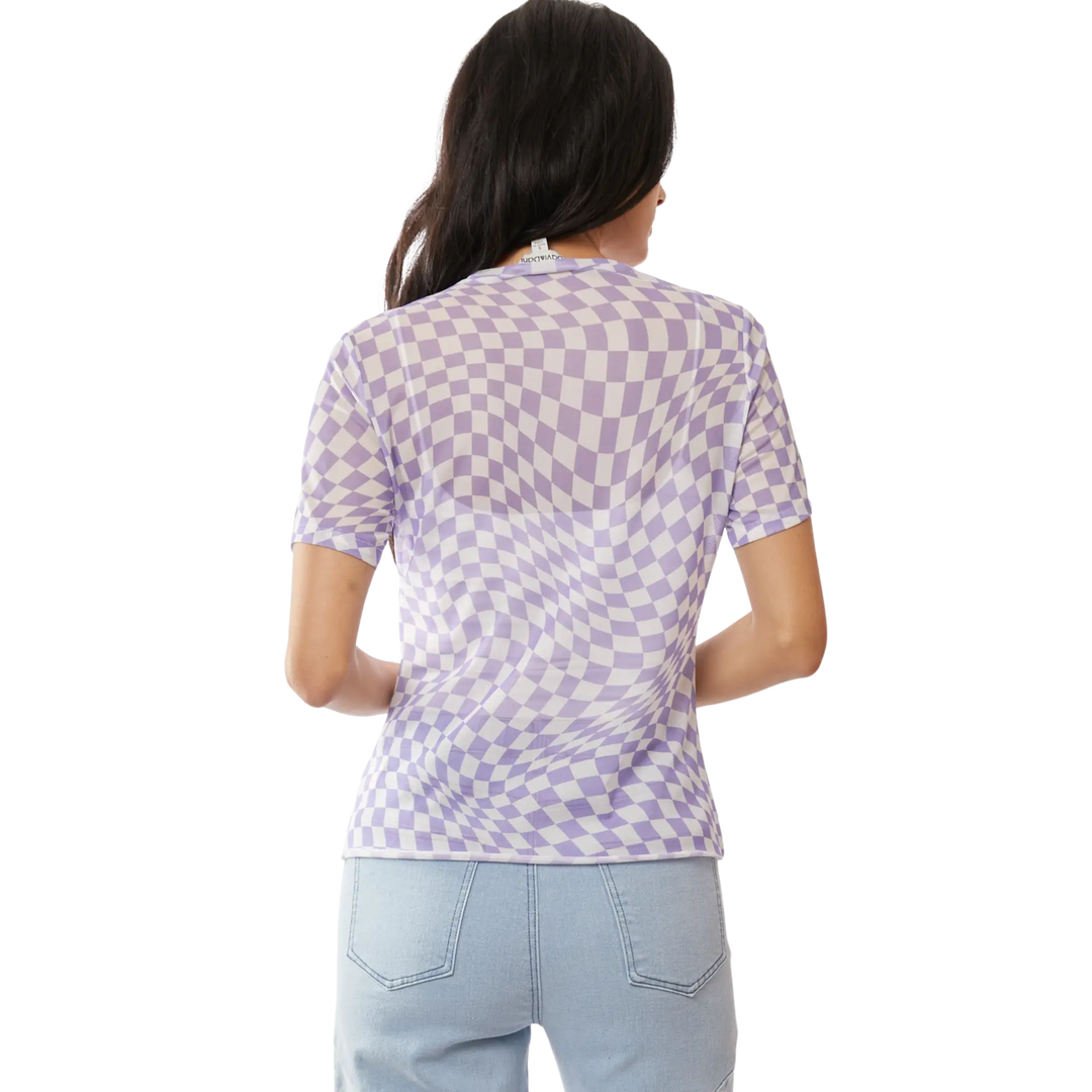 Checker Board Printed Mesh Short Sleeve Top