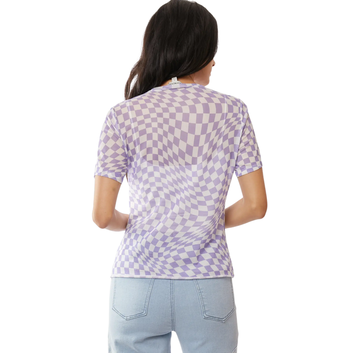 Checker Board Printed Mesh Short Sleeve Top