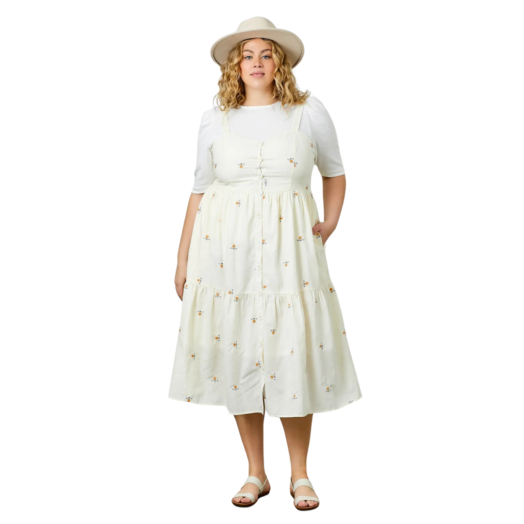 Embroidered Poplin Overall Button Down Dress