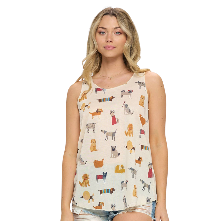 Cartoon Dogs Print Tank Top Cream