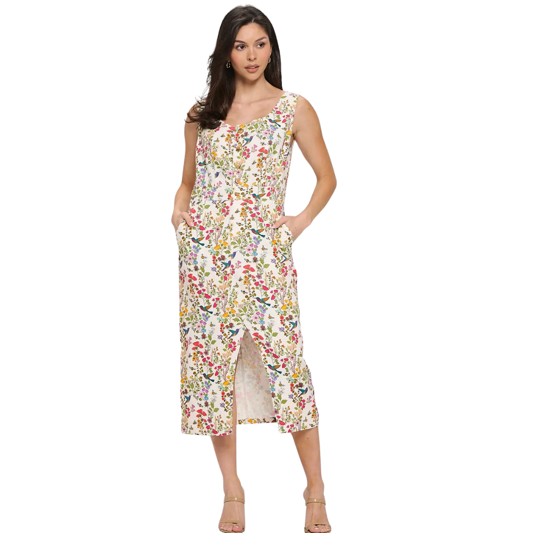 Floral Hummingbird Print Midi Dress