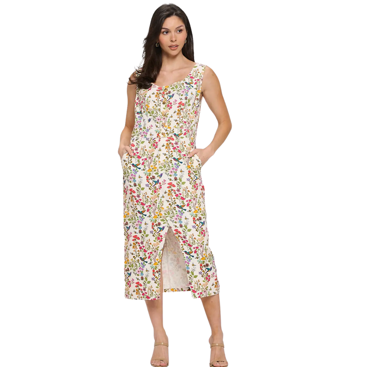 Floral Hummingbird Print Midi Dress