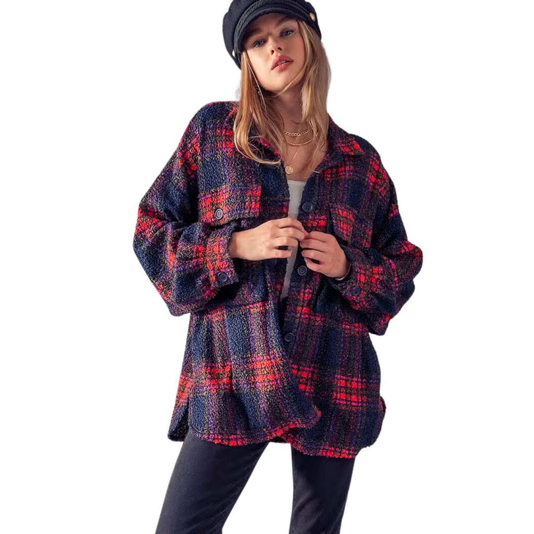 Teddy Faux Shearling Tartan Plaid Wide Fit Shacket - Navy/Red