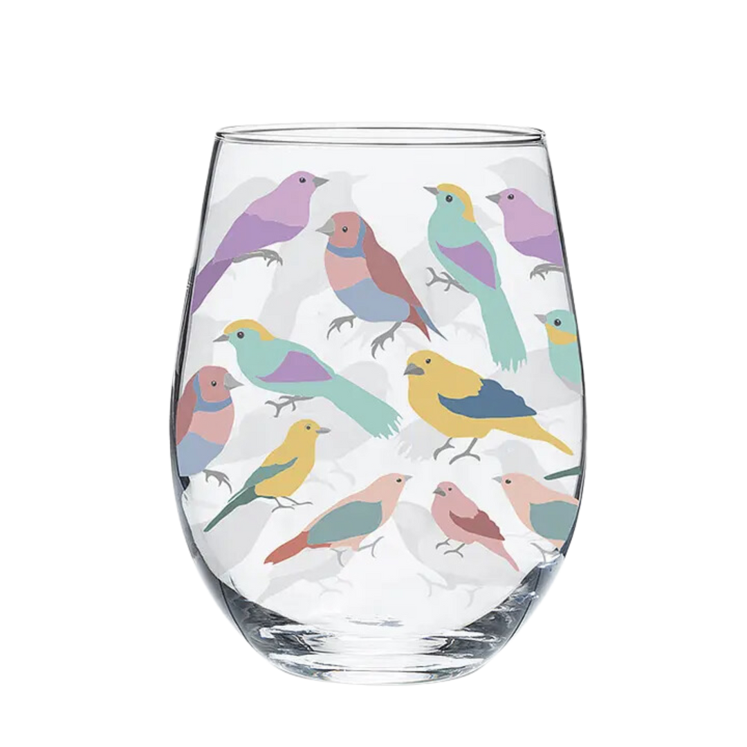 Pastel Birds Stemless Wine Glass