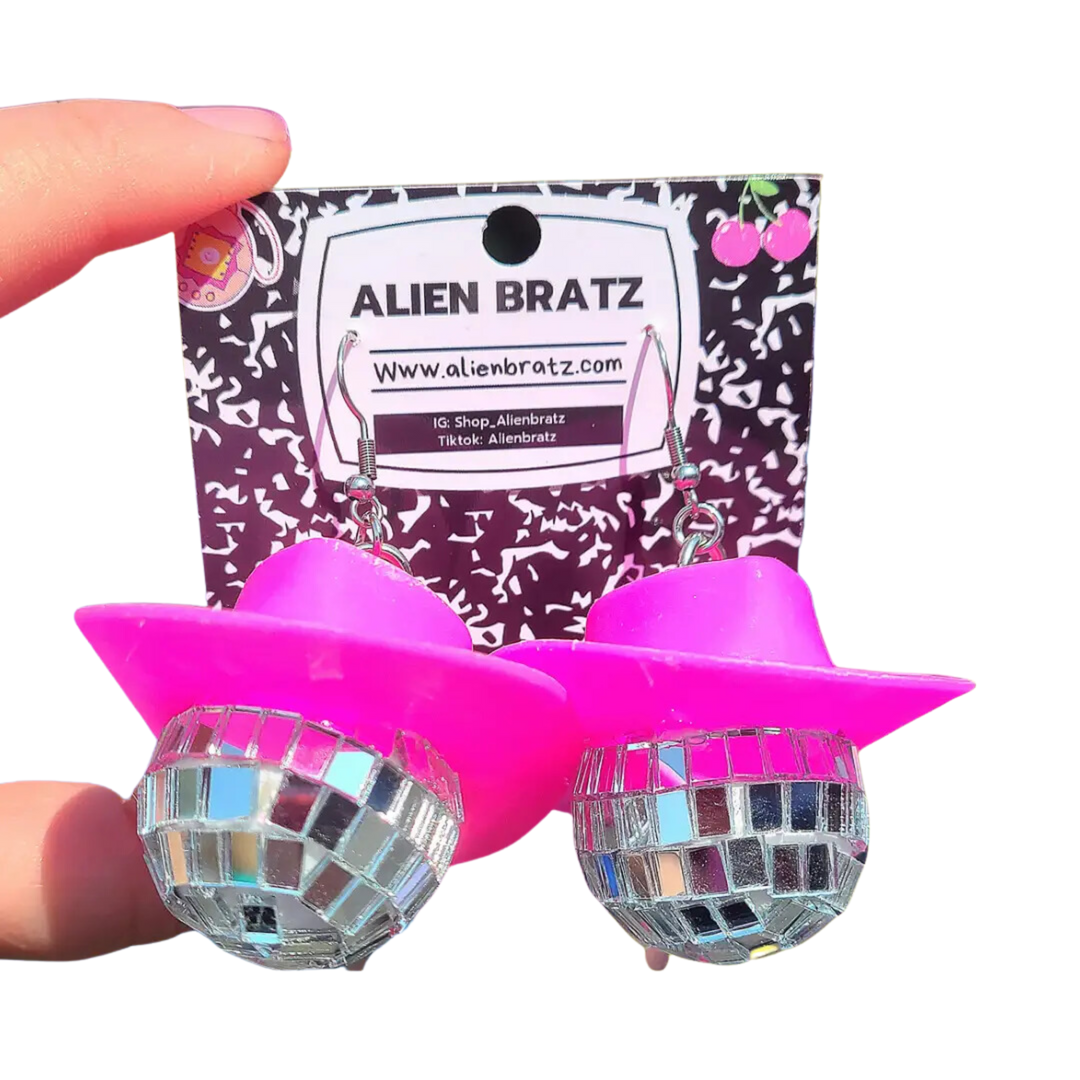 Western Hot Pink Cowboy Hat Disco Ball Earrings