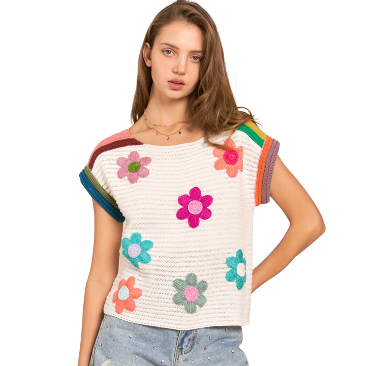 Flower Embroidered Knit Top