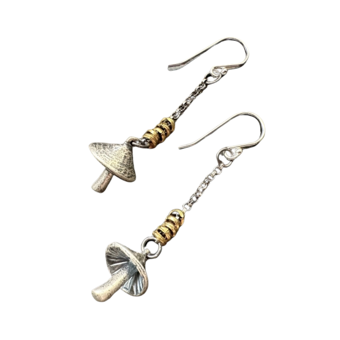 Tiny Sculpted Mushroom Earrings with Heishi Beads in Sterling