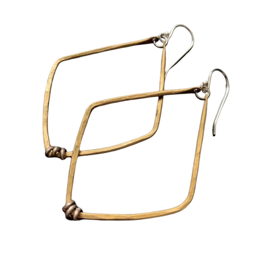 Brass Diamond Shape Hoop Earrings with Silver Heishi - Large