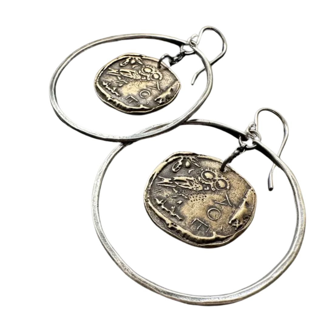 Ancient Athena's Owl Brass Coins Medium Silver Hoop Earrings