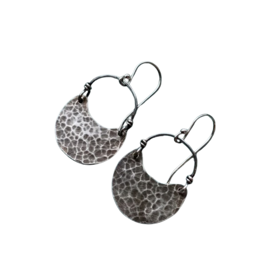 Large Silver Crescent Earrings - with Patina