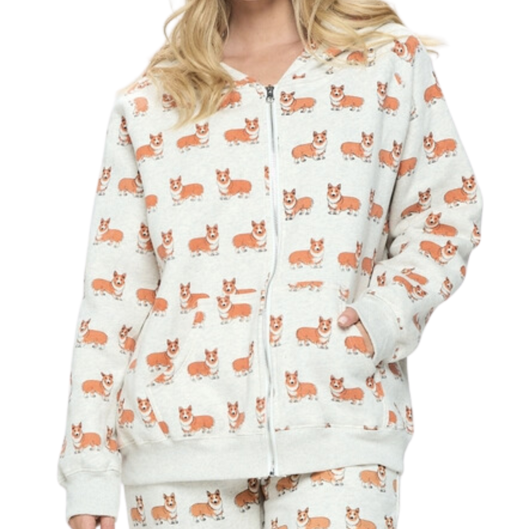 Corgi Print Zip Up Hoodie