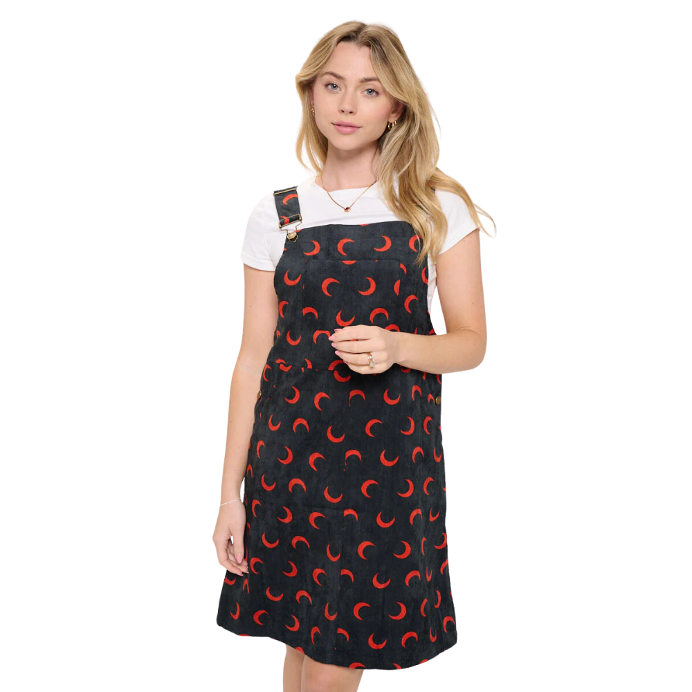 Half Moon Print Corduroy Dress- Red