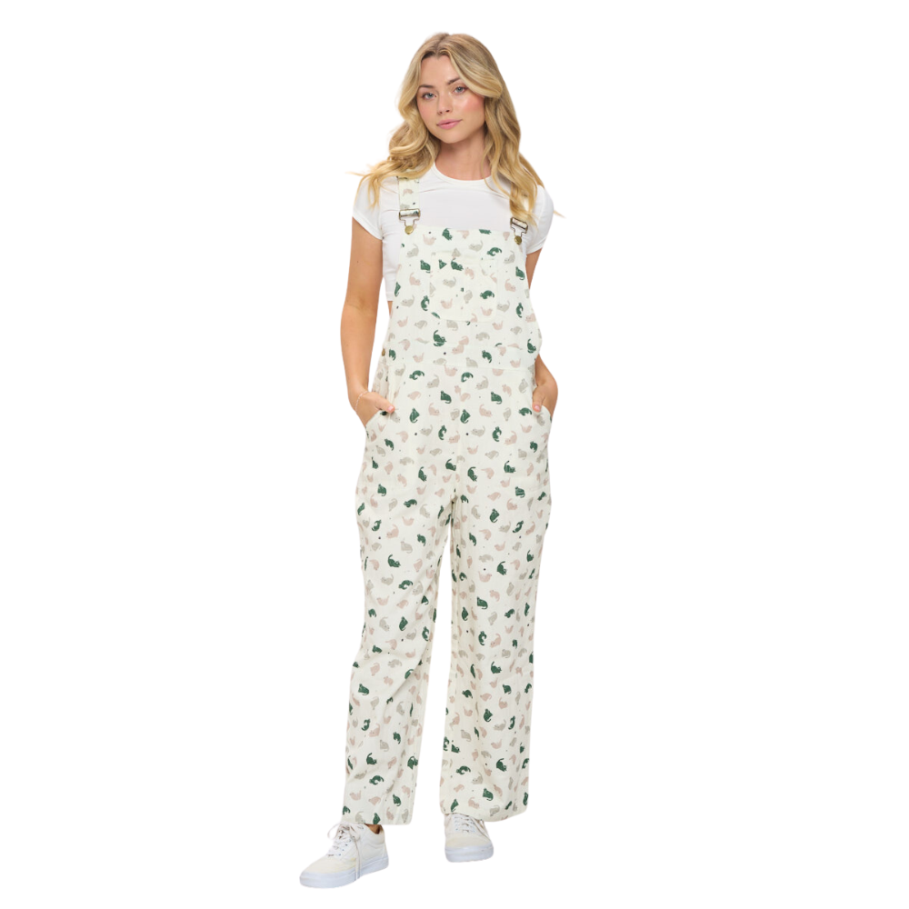 Green Cats Print Cotton Overall