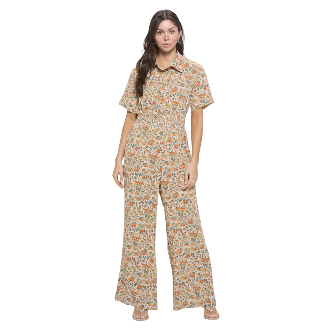 Orange Floral Print Overalls