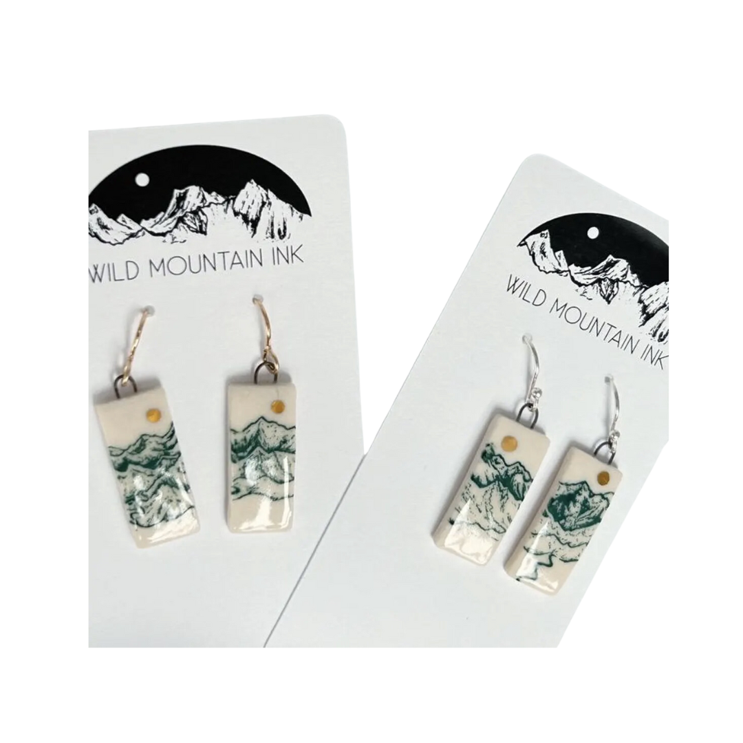 Teal Snowy Mountain Peaks Porcelain Bar Earring