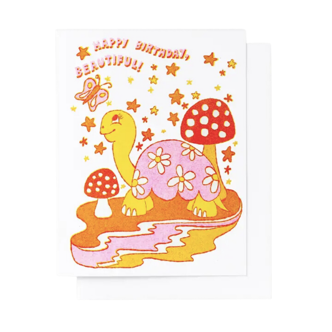 Happy Birthday Beautiful Mushroom and Tortoise Risograph Card