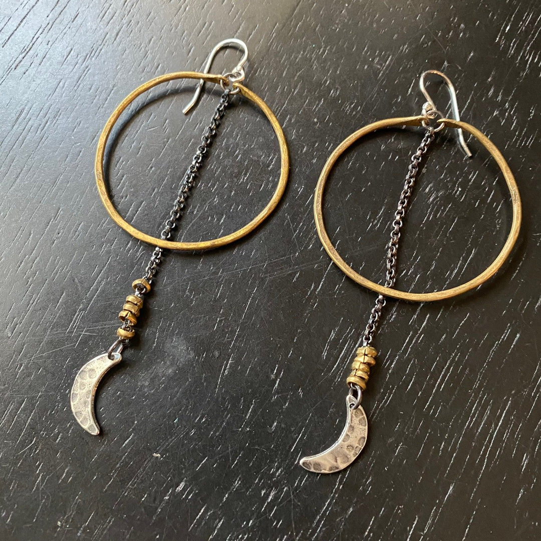 Moon Drop Hoop Earrings - Brass Hoop/Silver Moon