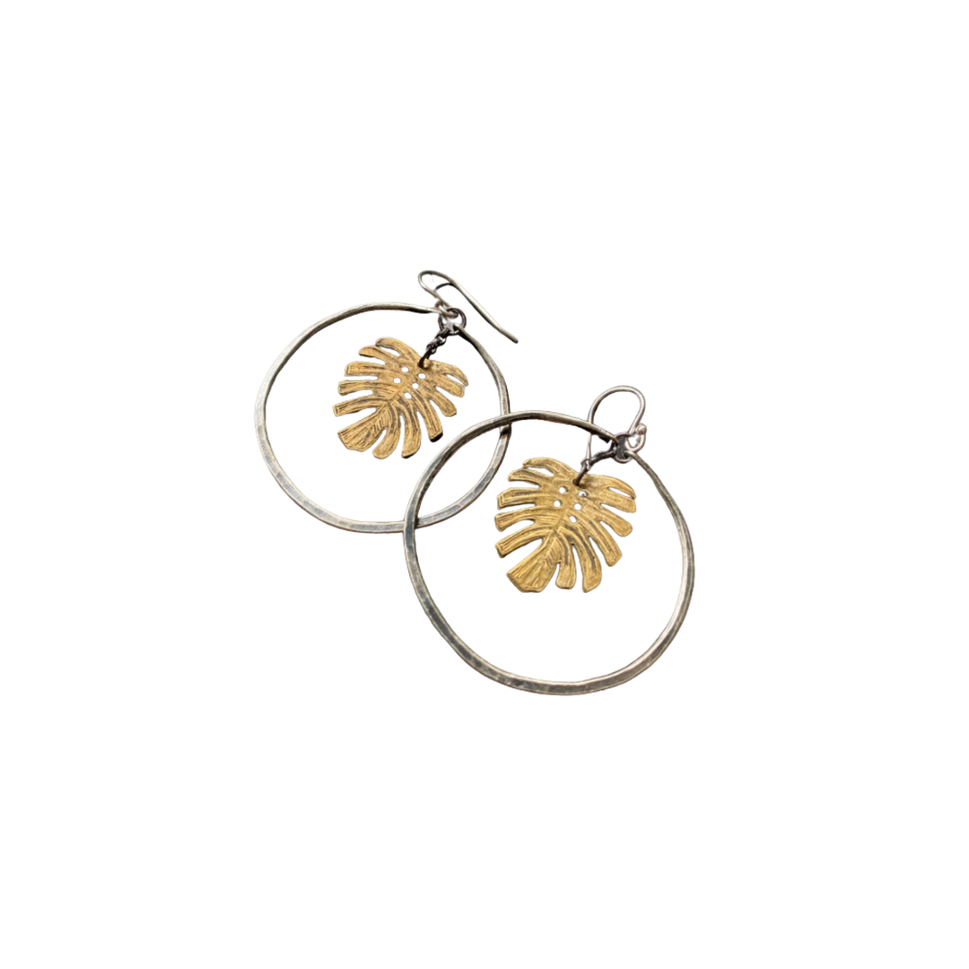 Tiny Brass Monstera Leaf in Medium Silver Hoops