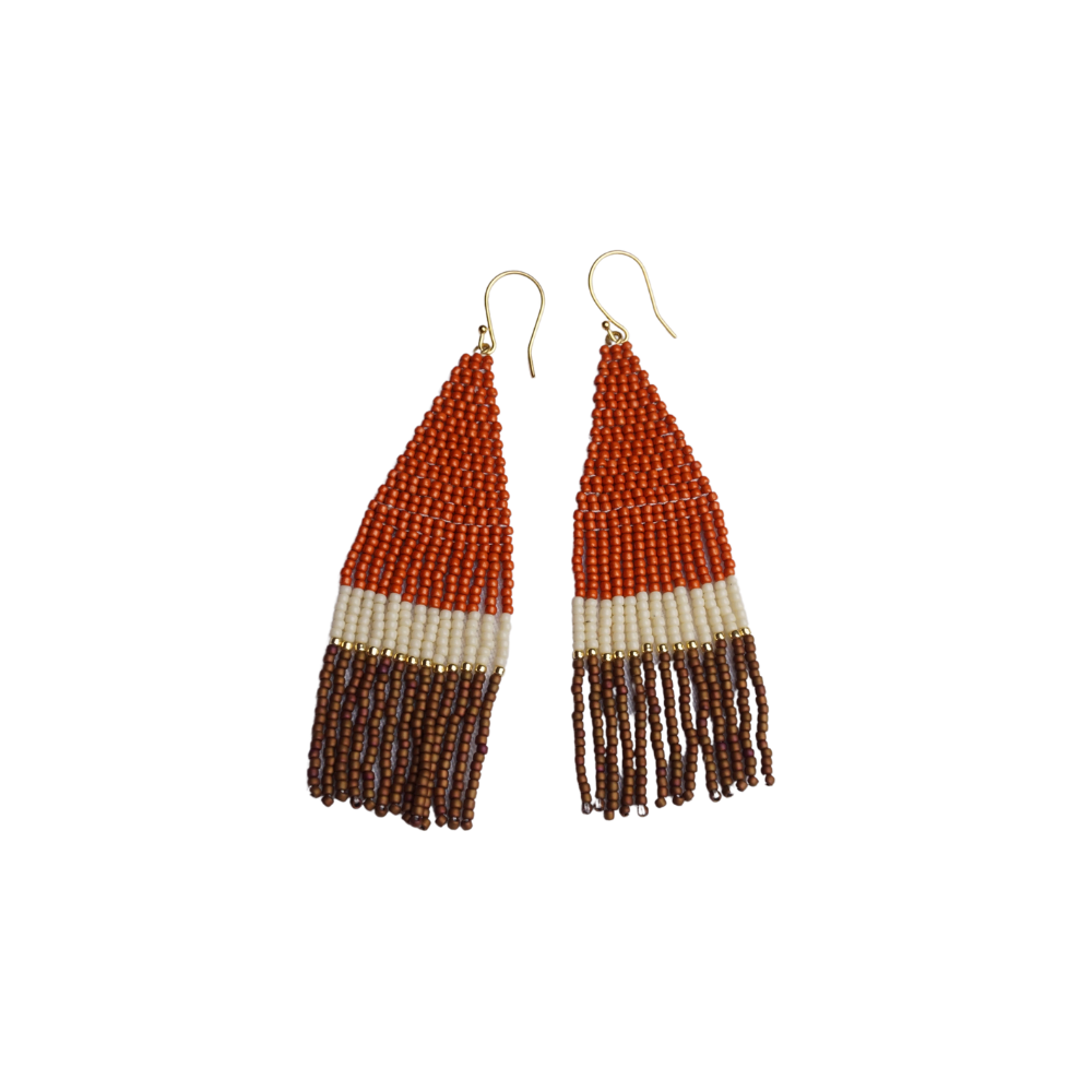 Orange, White and Brown Long Fringe Earrings