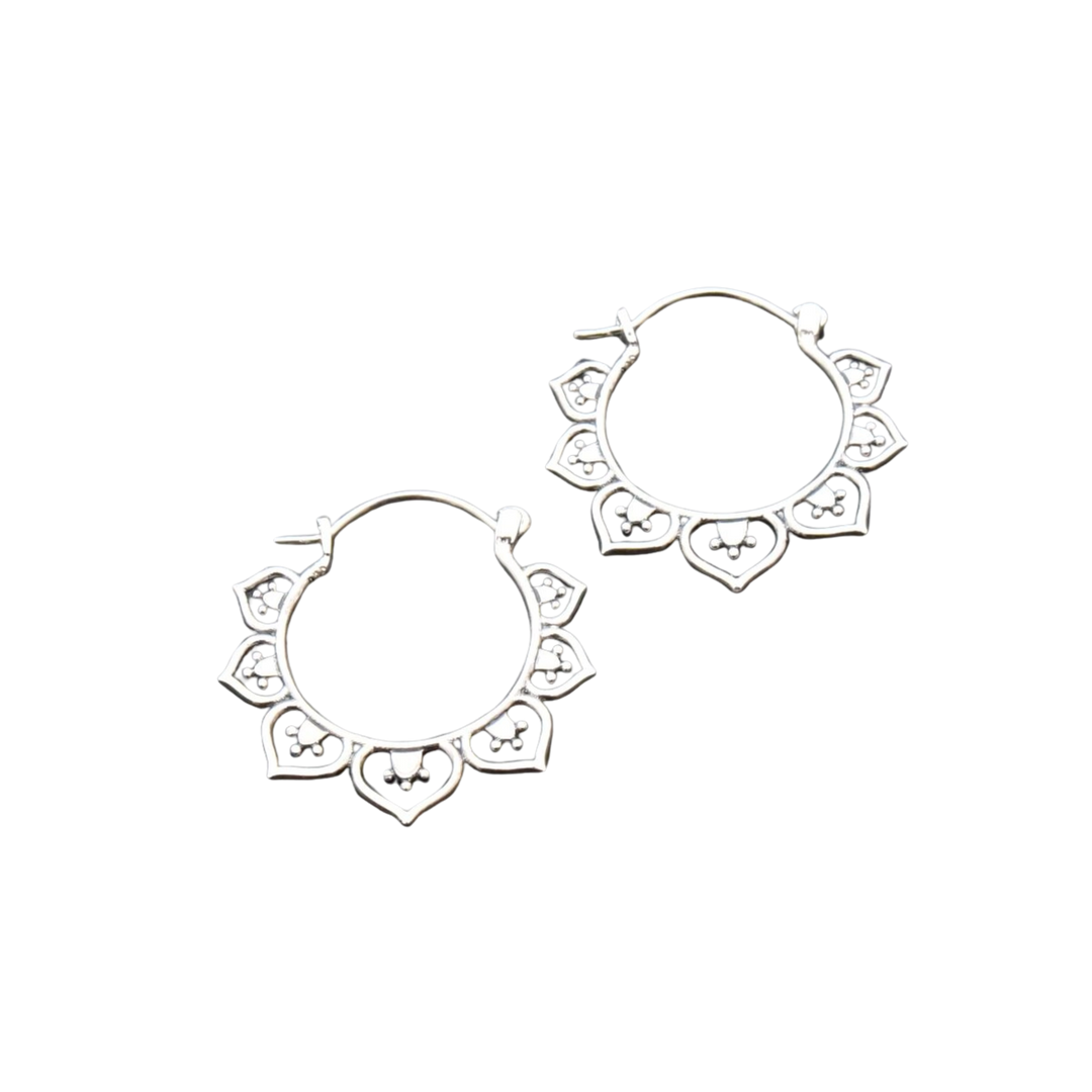 Sterling Silver Lotus Decorated Drop Hoop
