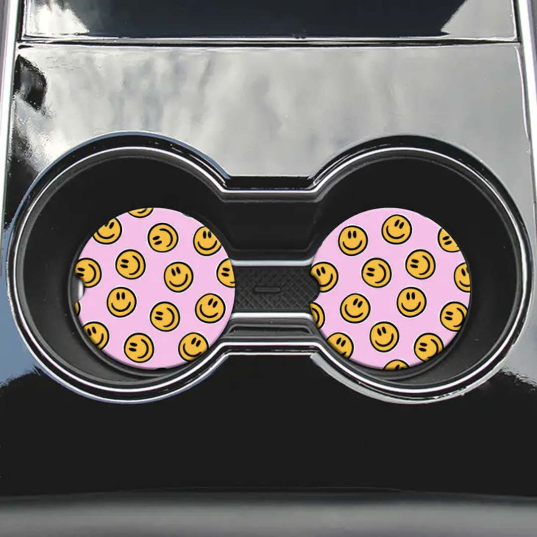 2 Car Coasters, Pink Happy Design