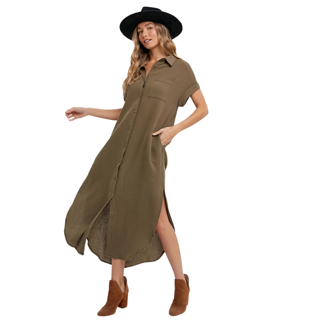 Button Up Maxi Shirt Dress - Olive