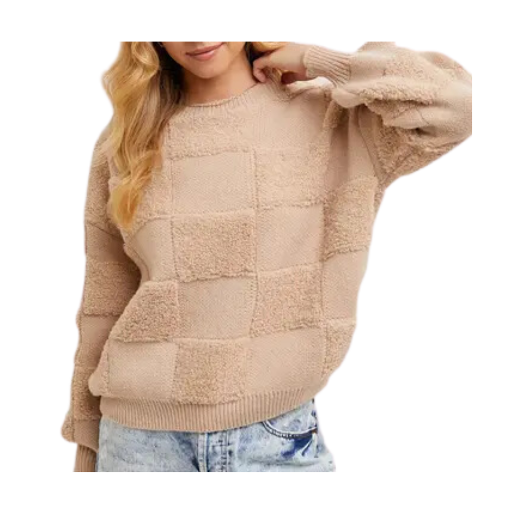 Checkered Sherpa Round Neck Knit Sweater