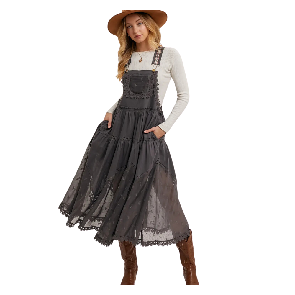 Lace Embroidered Tulle Bib Maxi Dress