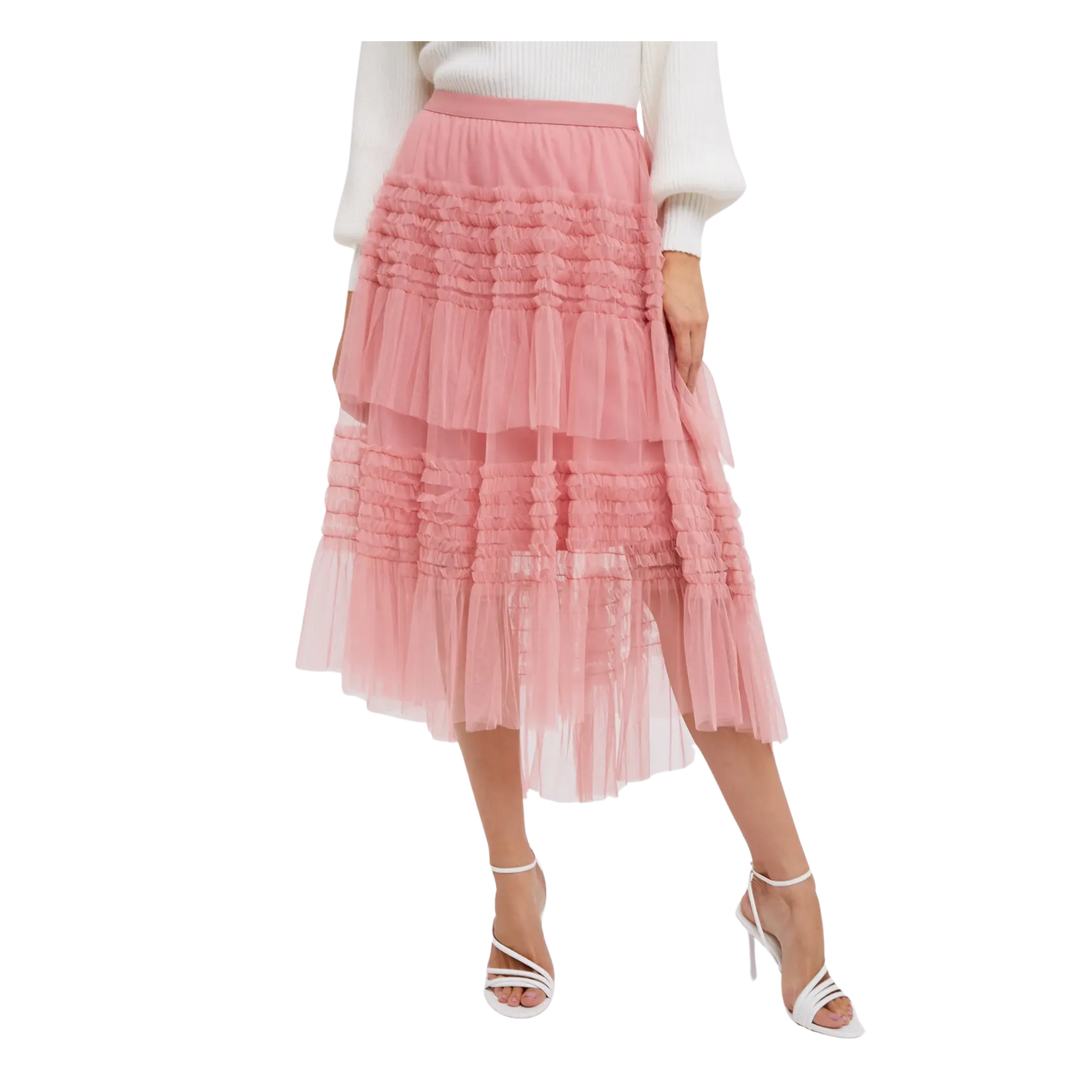 Hi-Lo Frilled Tulle Midi Skirt