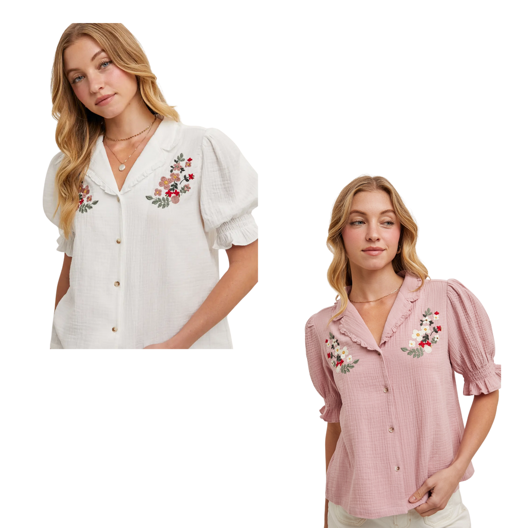 Button Down Embroidered Puff Sleeve Blouse Top