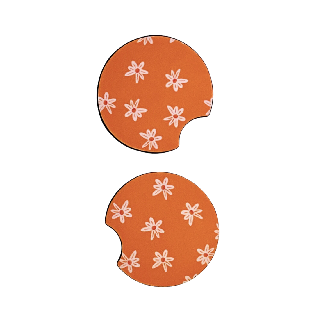 2 Car Coasters, Bright Orange Floral Pattern