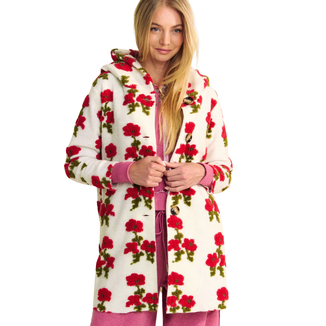 Floral Pocket Chunky Button Hoodie Jacket