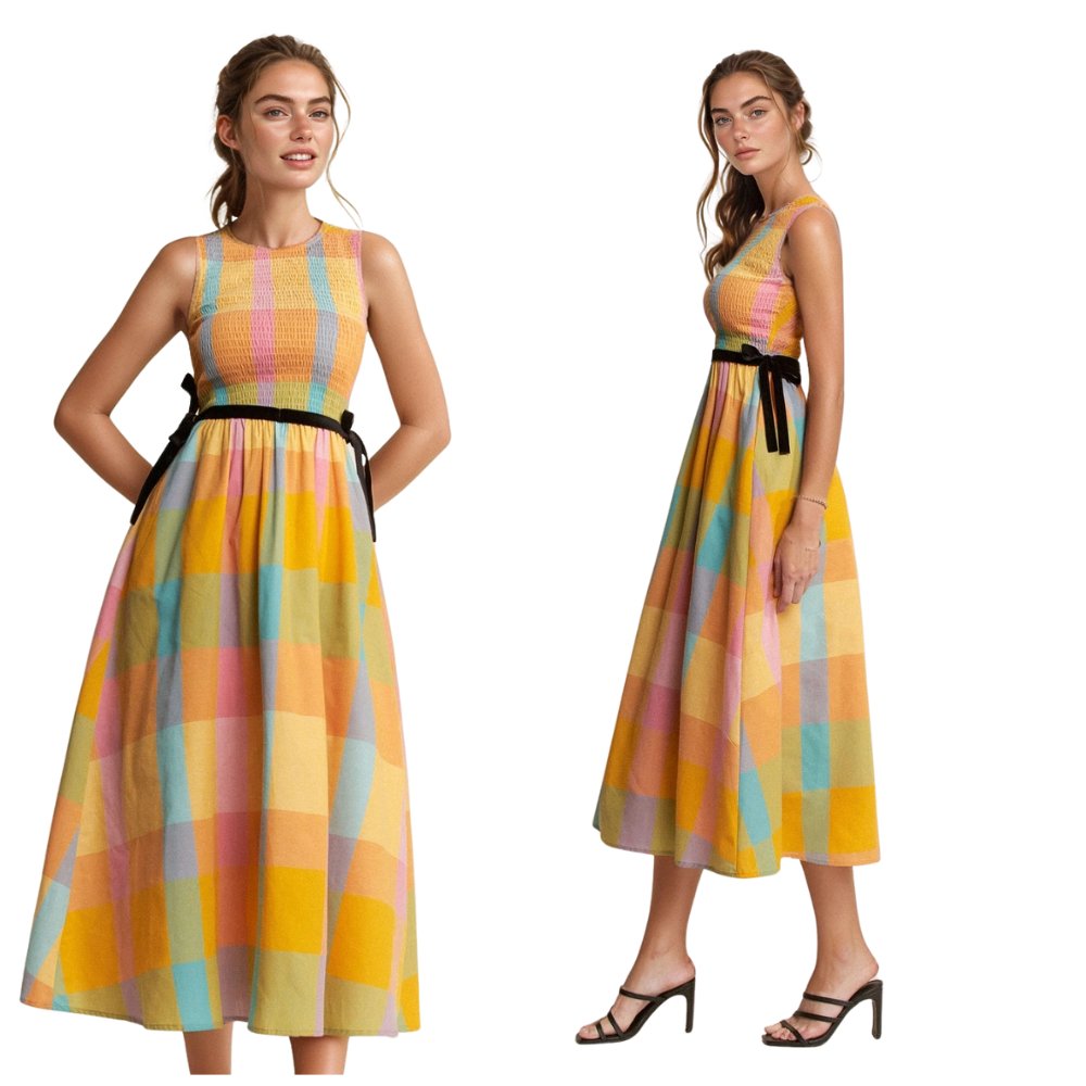 Multi Checker Smocked Waist Detil Midi Dress