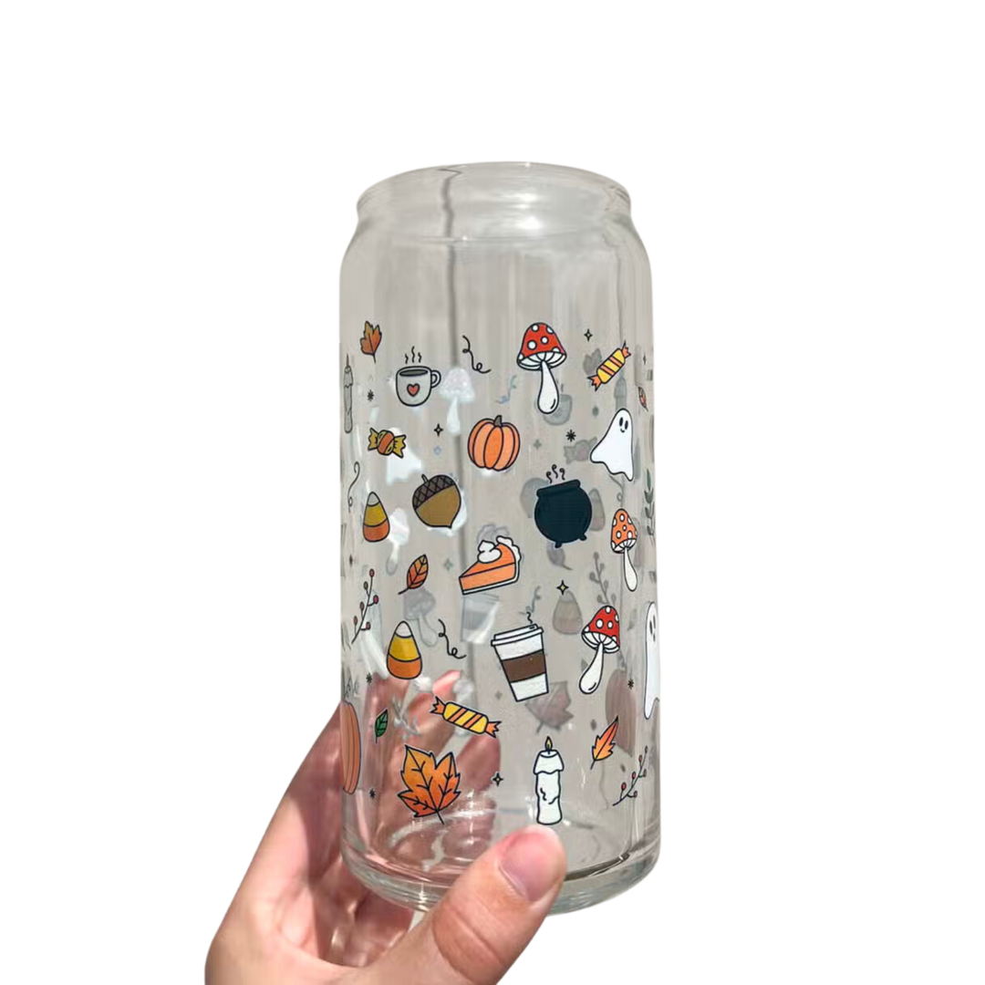 Fall Doodles Can Glass Cup - Dishwasher Safe