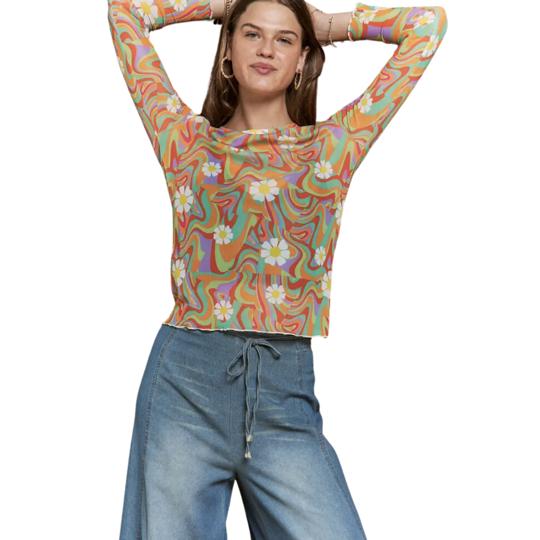 Multicolor Swirl Floral Mesh Top