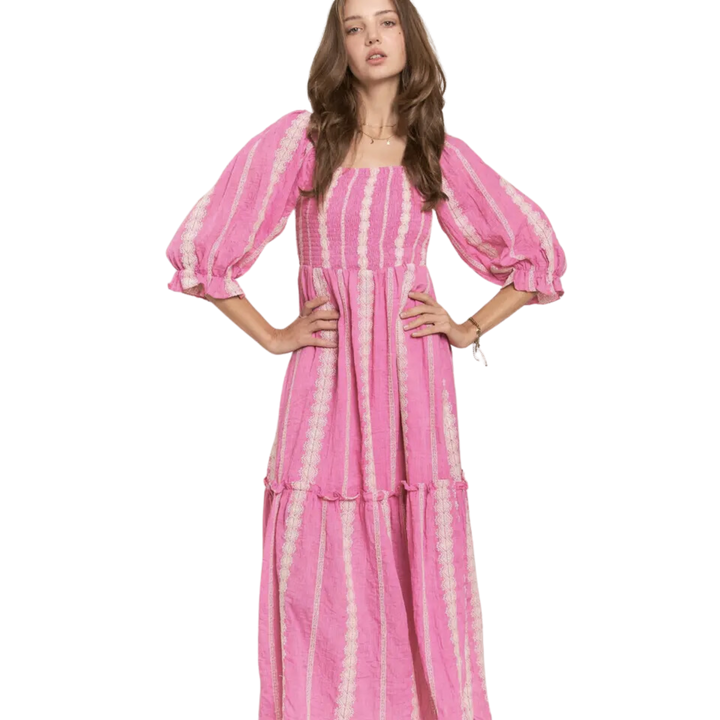 Embroider Detail Smocked Top Maxi Dress