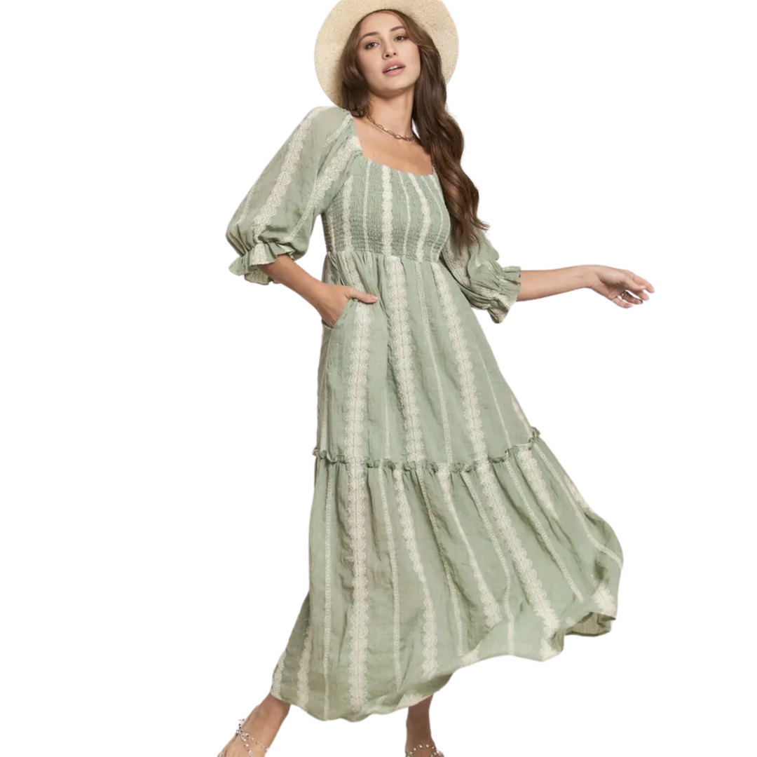 Embroider Detail Smocked Top Maxi Dress