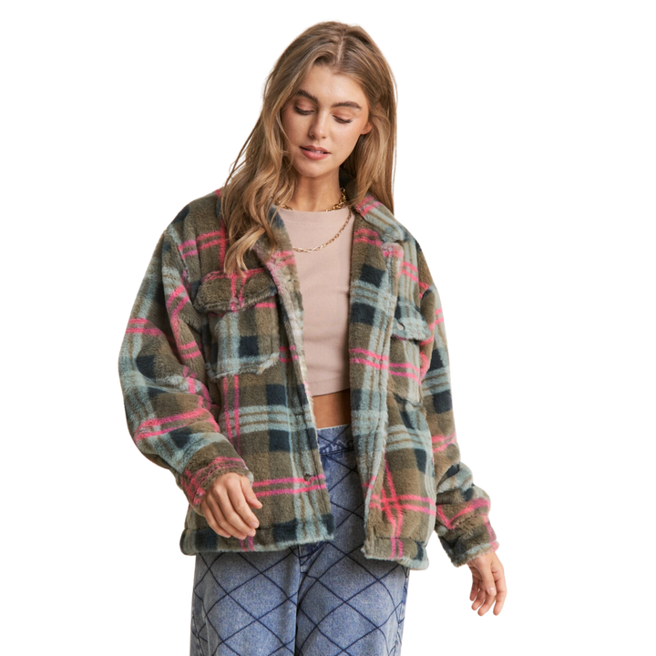 Fuzzy Plaid Button Up Jacket
