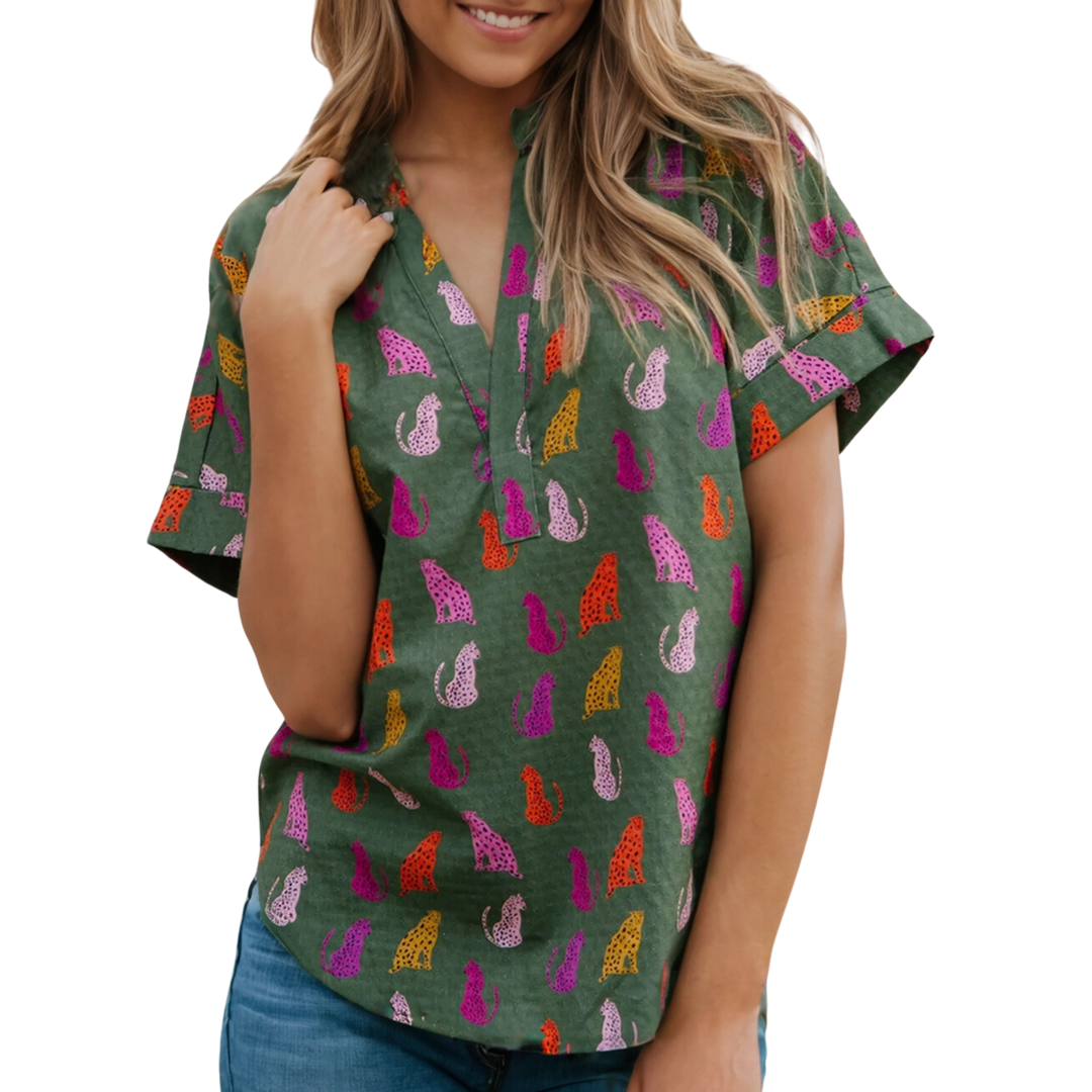 Cheetah Print Split V Neck Blouse