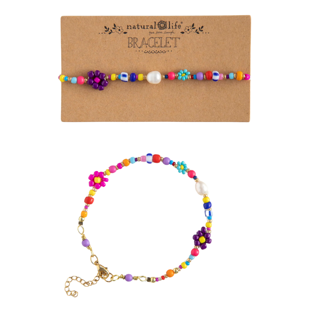 Boho Beaded Daisy & Pearl Bracelet