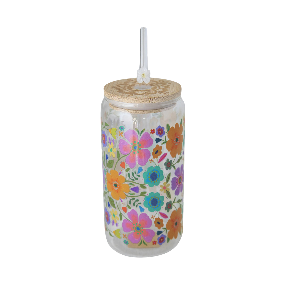 Folk Flower Glass Tumbler with Lid & Straw