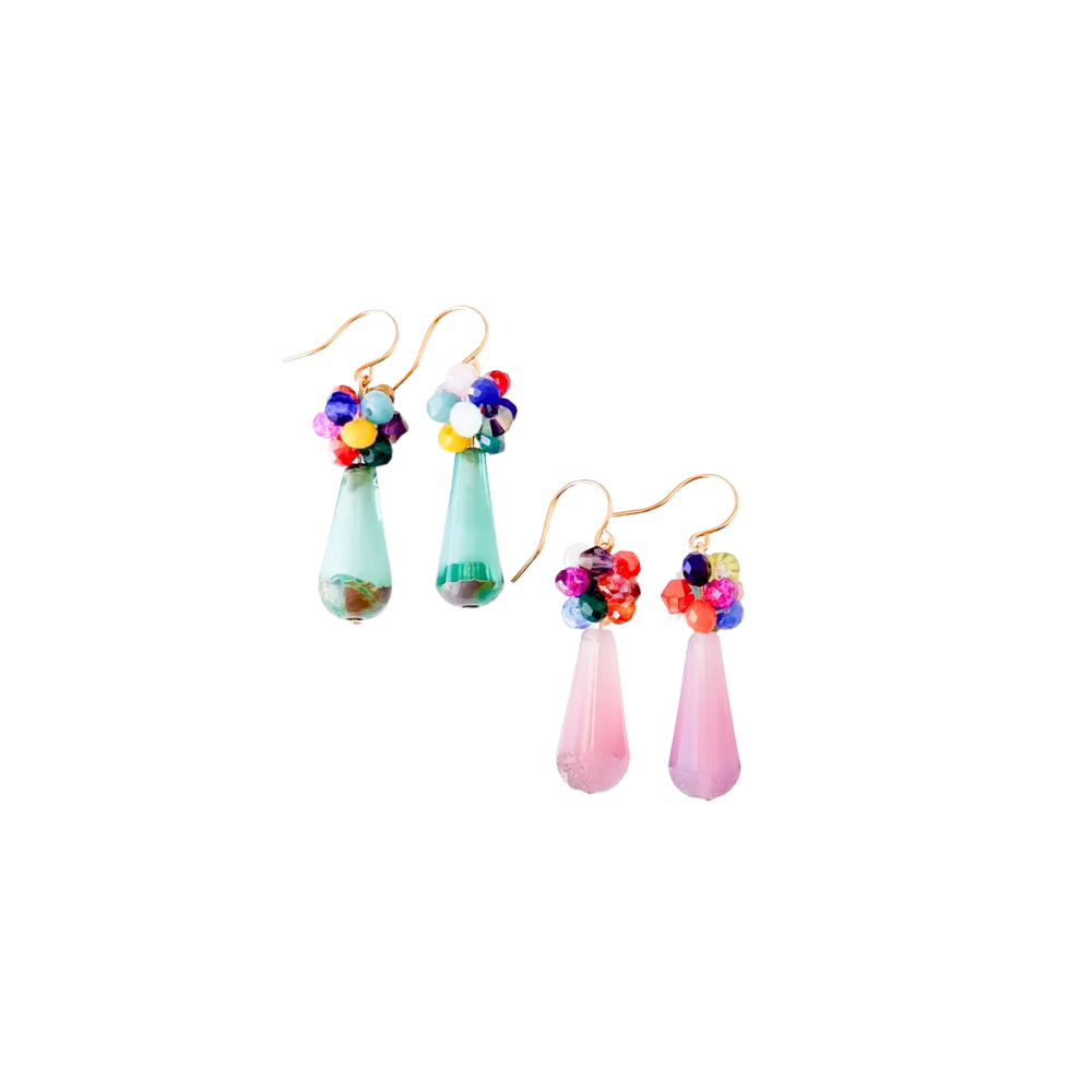 Glass Drop Earrings with Colorful Crystal Cluster Accents