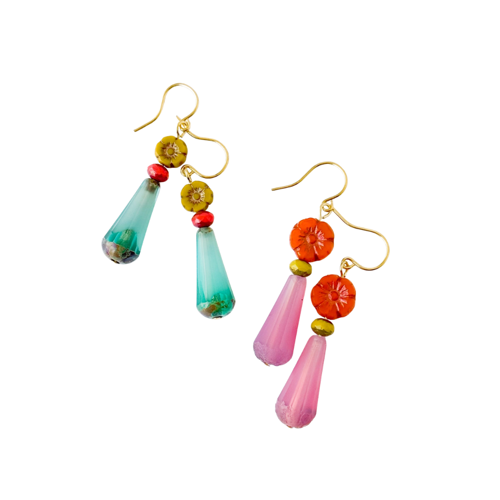 Glass Flower Bead Drop Earrings with Colorful Glass Accents