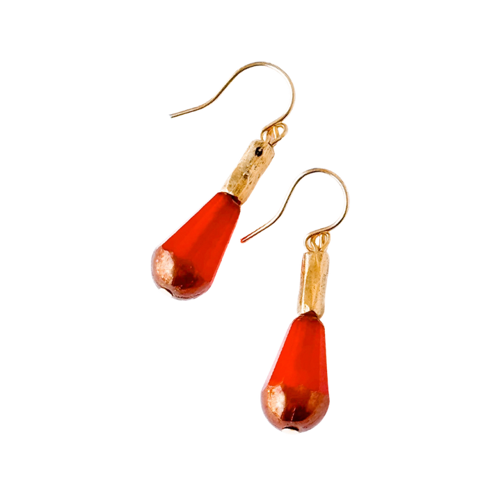 Long Czech Glass Teardrop Earrings with Antiqued Gold Accent