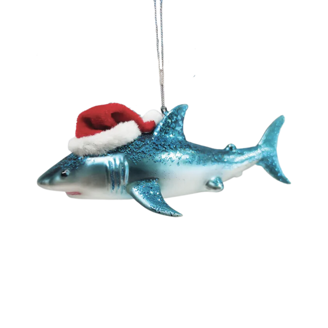 Shark with Santa Hat Glass Christmas Ornament