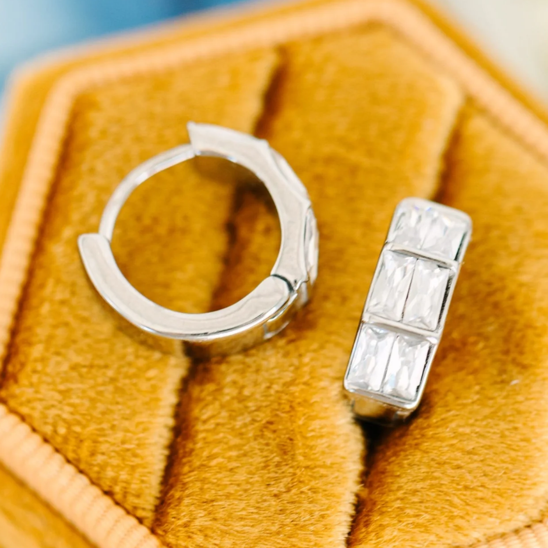 Silver Triple Baguettes Huggies